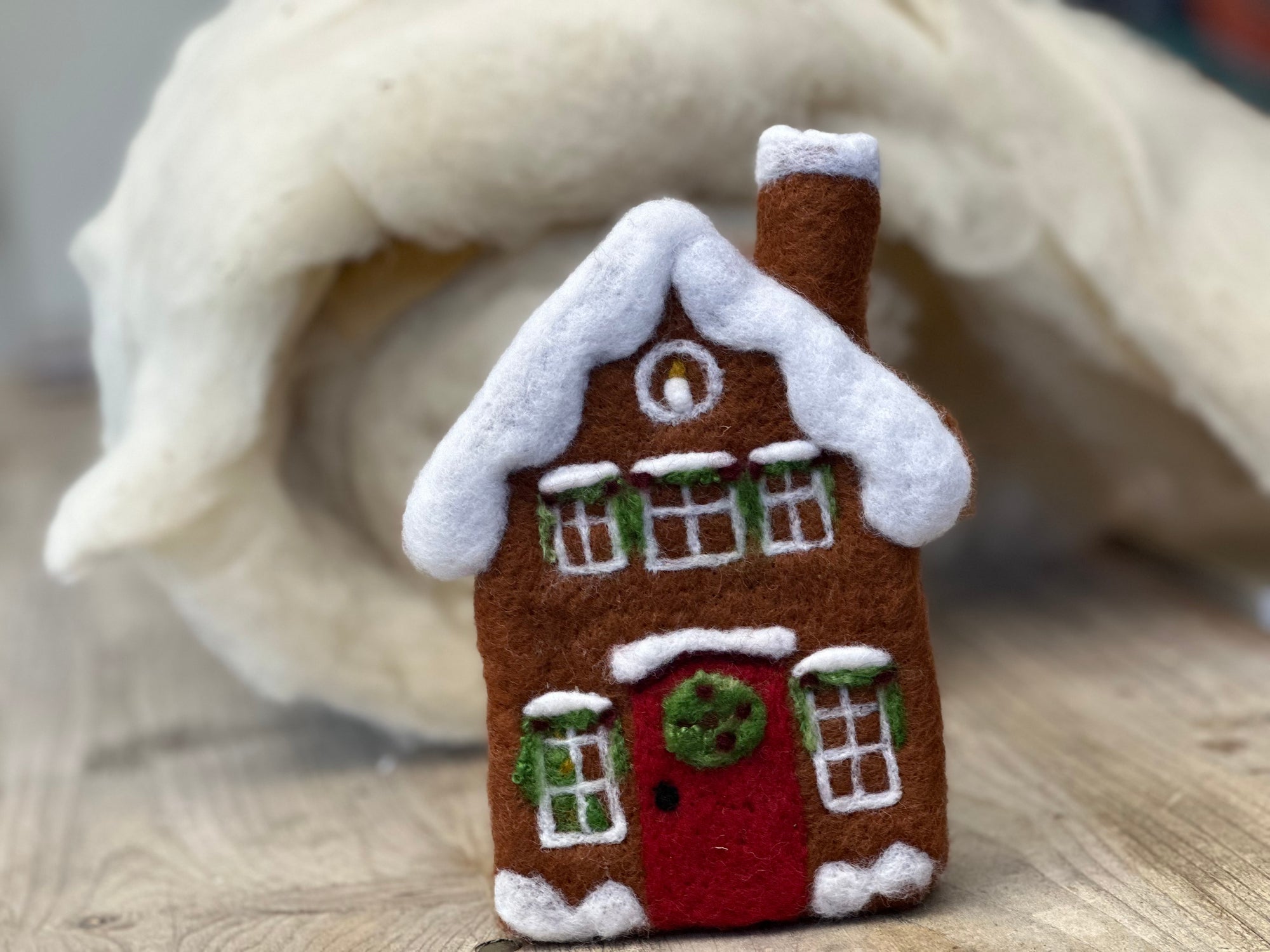 needle felted gingerbread house, available as class and kit