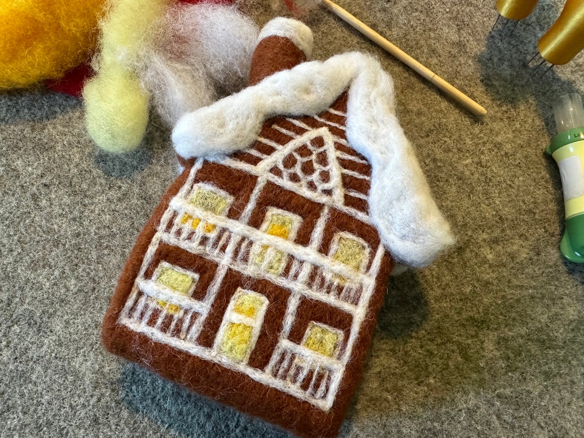 needle felted gingerbread house, available as class and kit