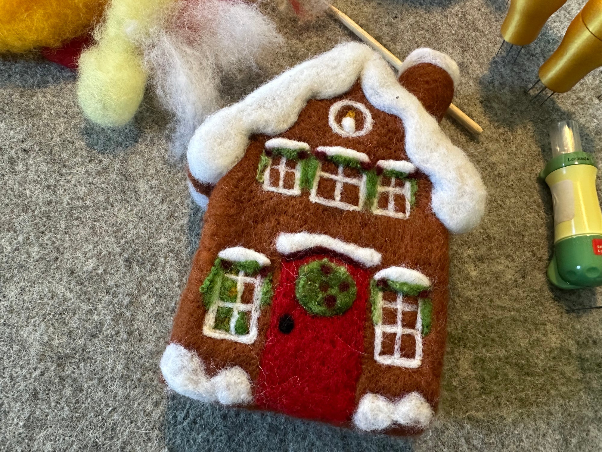 needle felted gingerbread house, available as class and kit